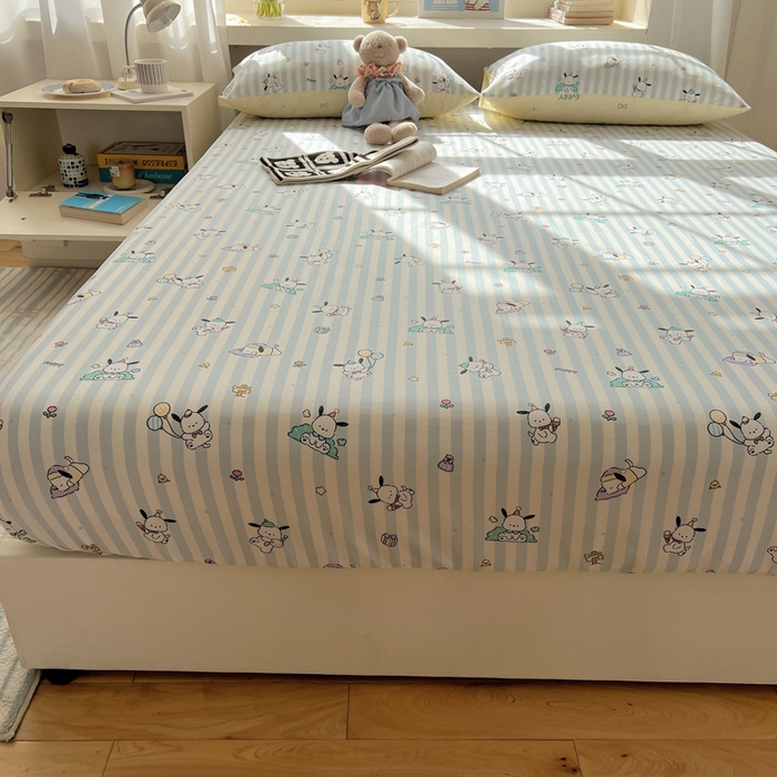 91家纺网 家纺一手货源 找家纺 六巷胡同 2025新款40s13070全棉纯棉卡通单品系列床笠单件-单床笠 蓝条努比犬