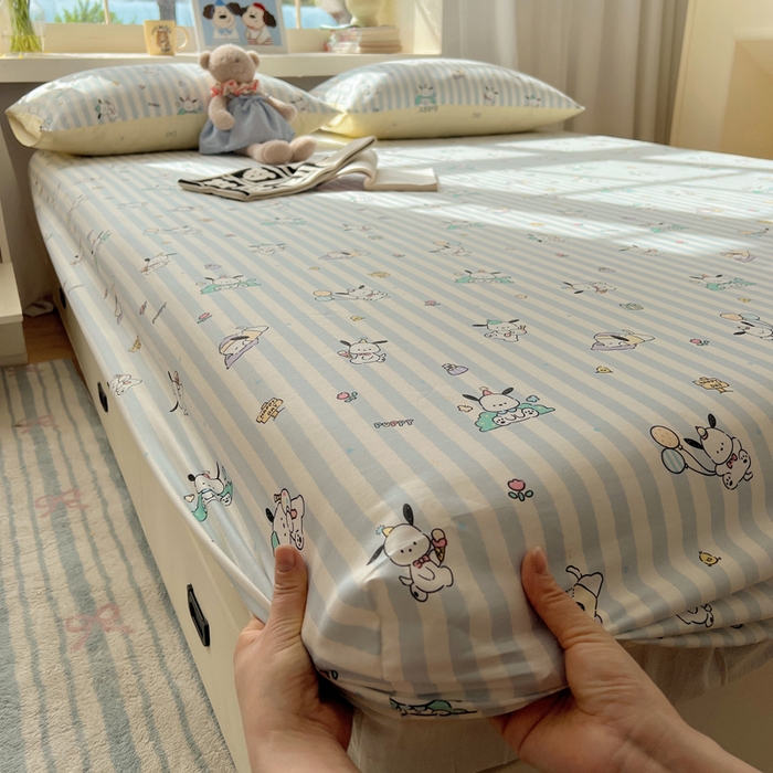 91家纺网 家纺一手货源 找家纺 六巷胡同 2025新款40s13070全棉纯棉卡通单品系列床笠单件-单床笠 蓝条努比犬