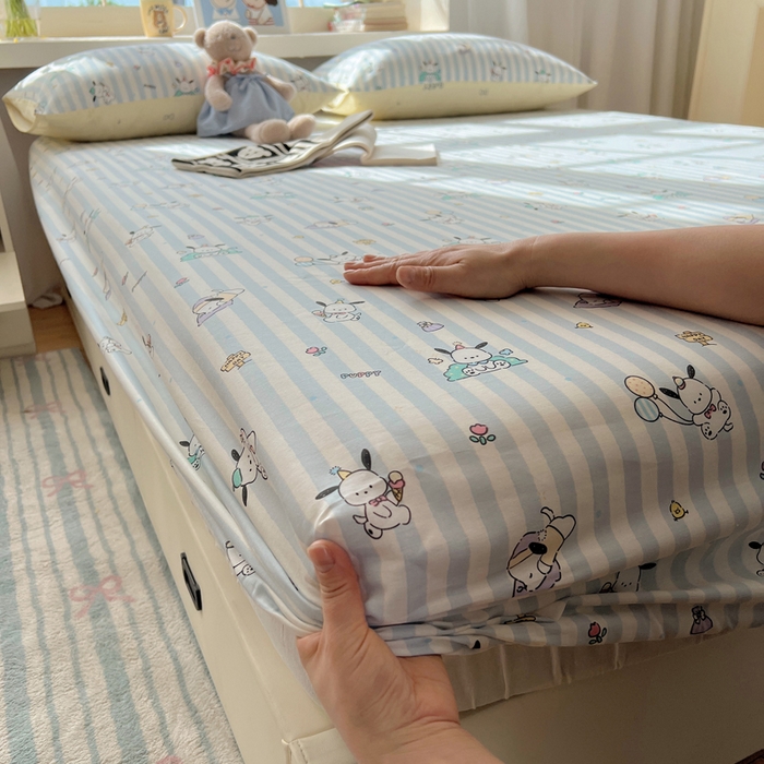 91家纺网 家纺一手货源 找家纺 六巷胡同 2025新款40s13070全棉纯棉卡通单品系列床笠单件-单床笠 蓝条努比犬