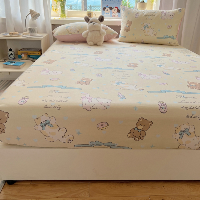 91家纺网 家纺一手货源 找家纺 六巷胡同 2025新款40s13070全棉纯棉卡通单品系列床笠单件-单床笠 猫咪甜甜圈