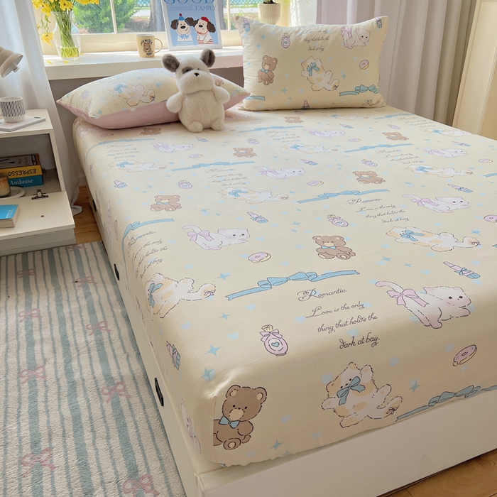 91家纺网 家纺一手货源 找家纺 六巷胡同 2025新款40s13070全棉纯棉卡通单品系列床笠单件-单床笠 猫咪甜甜圈