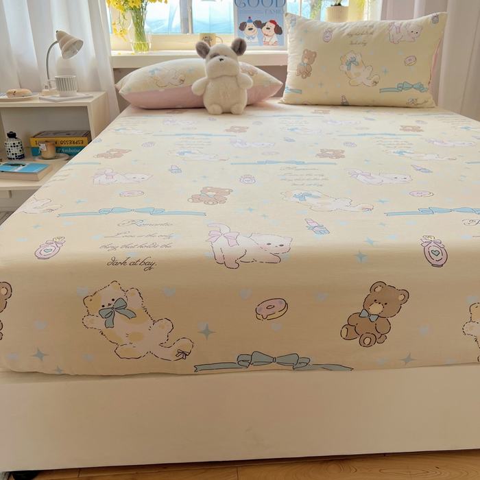 91家纺网 家纺一手货源 找家纺 六巷胡同 2025新款40s13070全棉纯棉卡通单品系列床笠单件-单床笠 猫咪甜甜圈