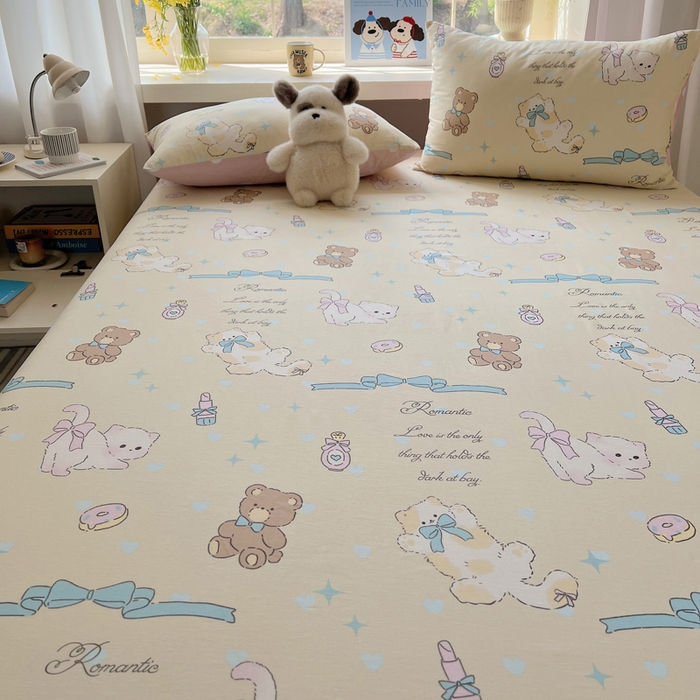 91家纺网 家纺一手货源 找家纺 六巷胡同 2025新款40s13070全棉纯棉卡通单品系列床笠单件-单床笠 猫咪甜甜圈