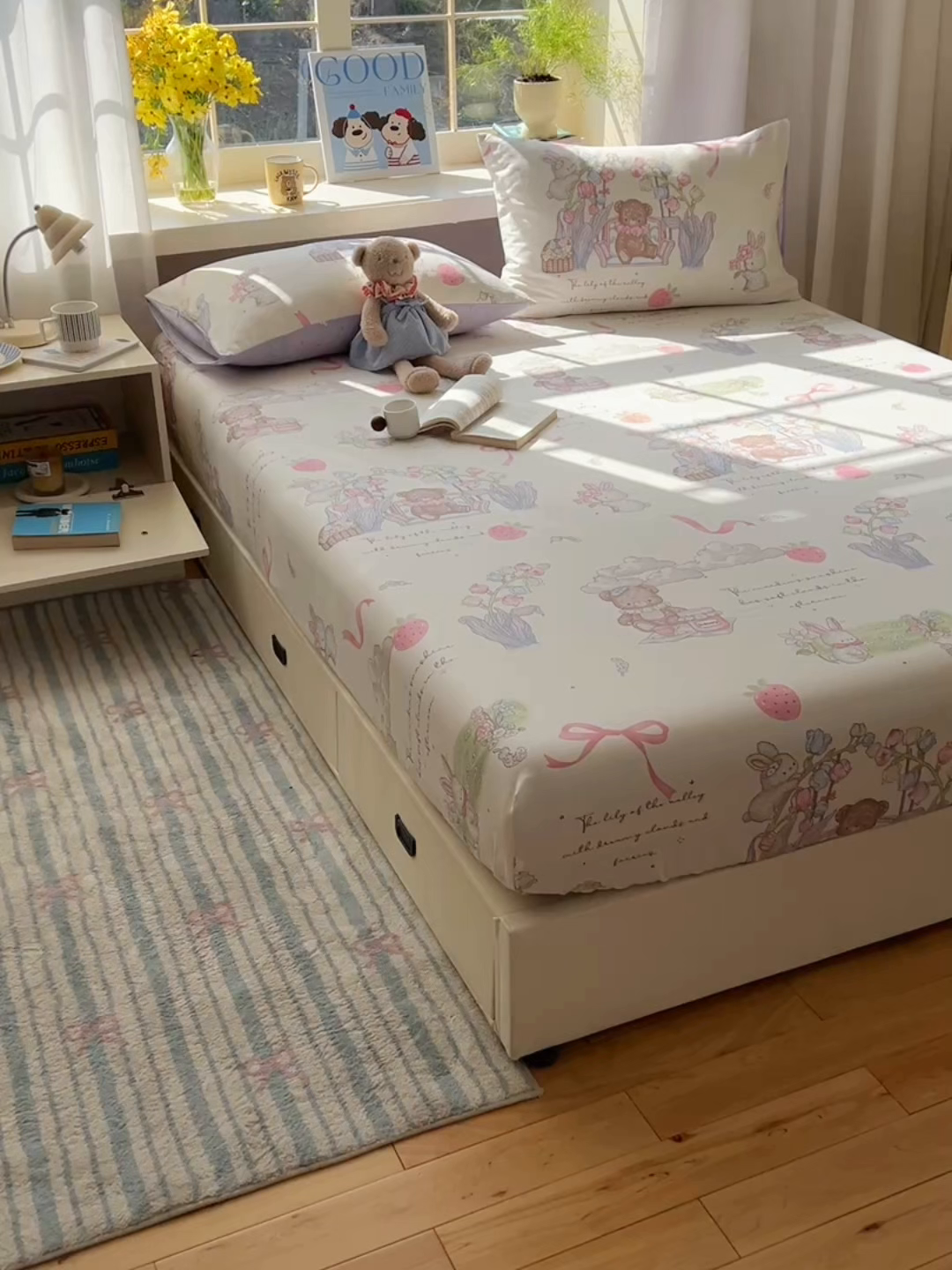 91家纺网 家纺一手货源 找家纺 六巷胡同 2025新款40s13070全棉纯棉卡通单品系列床笠单件-单床笠 秘境花园熊