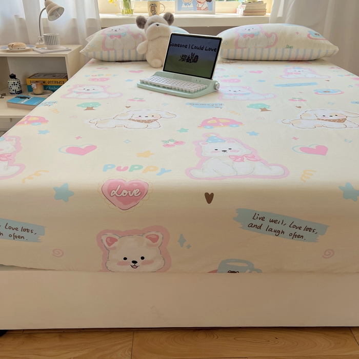 91家纺网 家纺一手货源 找家纺 六巷胡同 2025新款40s13070全棉纯棉卡通单品系列床笠单件-单床笠 泡芙萌趣狗