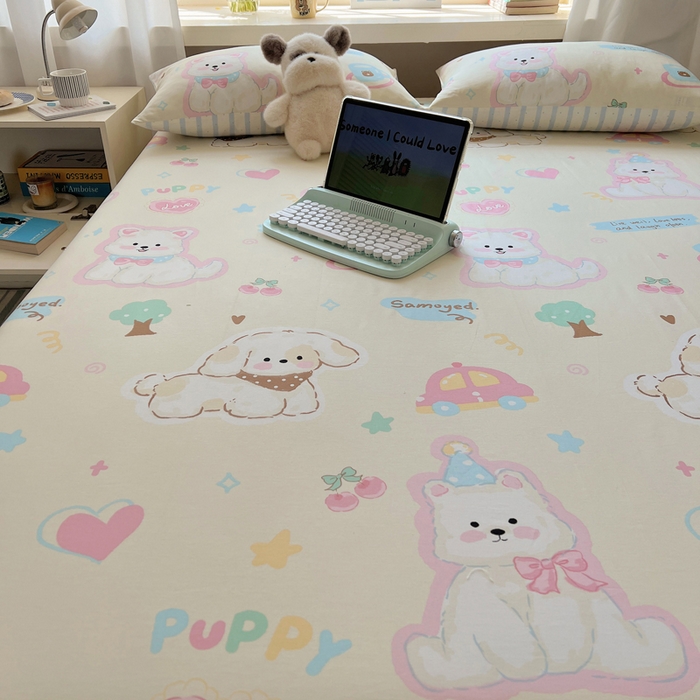 91家纺网 家纺一手货源 找家纺 六巷胡同 2025新款40s13070全棉纯棉卡通单品系列床笠单件-单床笠 泡芙萌趣狗