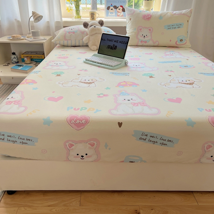 91家纺网 家纺一手货源 找家纺 六巷胡同 2025新款40s13070全棉纯棉卡通单品系列床笠单件-单床笠 泡芙萌趣狗
