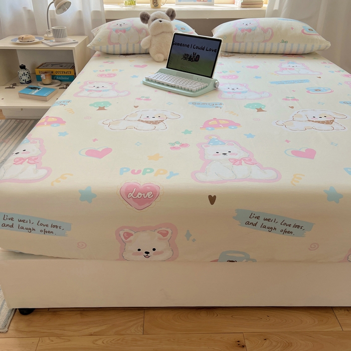 91家纺网 家纺一手货源 找家纺 六巷胡同 2025新款40s13070全棉纯棉卡通单品系列床笠单件-单床笠 泡芙萌趣狗