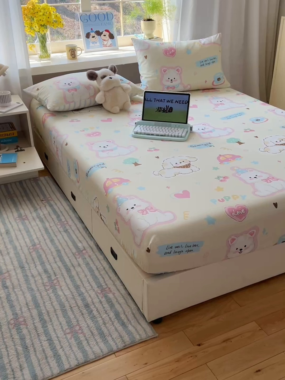 91家纺网 家纺一手货源 找家纺 六巷胡同 2025新款40s13070全棉纯棉卡通单品系列床笠单件-单床笠 泡芙萌趣狗