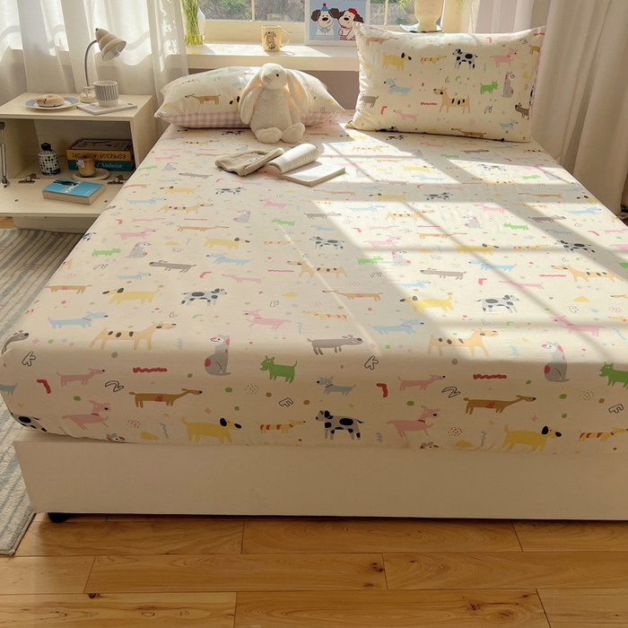 91家纺网 家纺一手货源 找家纺 六巷胡同 2025新款40s13070全棉纯棉卡通单品系列床笠单件-单床笠 趣味斑点狗