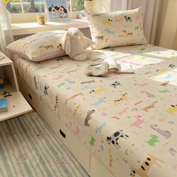 91家纺网 家纺一手货源 找家纺 六巷胡同 2025新款40s13070全棉纯棉卡通单品系列床笠单件-单床笠 趣味斑点狗