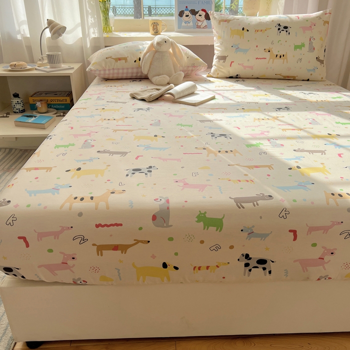91家纺网 家纺一手货源 找家纺 六巷胡同 2025新款40s13070全棉纯棉卡通单品系列床笠单件-单床笠 趣味斑点狗