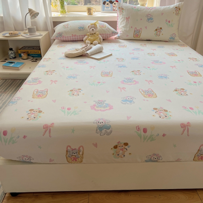 91家纺网 家纺一手货源 找家纺 六巷胡同 2025新款40s13070全棉纯棉卡通单品系列床笠单件-单床笠 郁金香狗狗