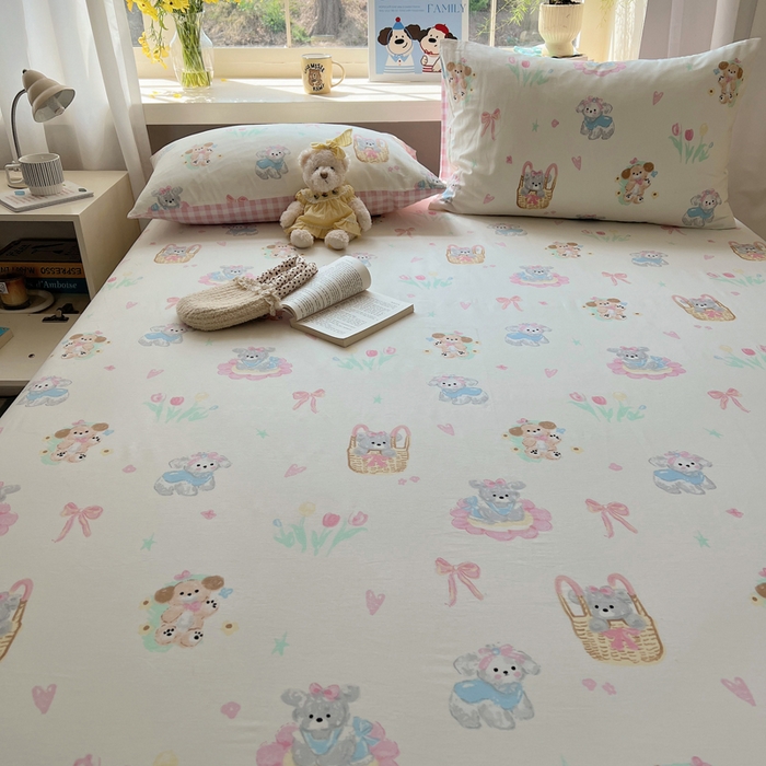 91家纺网 家纺一手货源 找家纺 六巷胡同 2025新款40s13070全棉纯棉卡通单品系列床笠单件-单床笠 郁金香狗狗