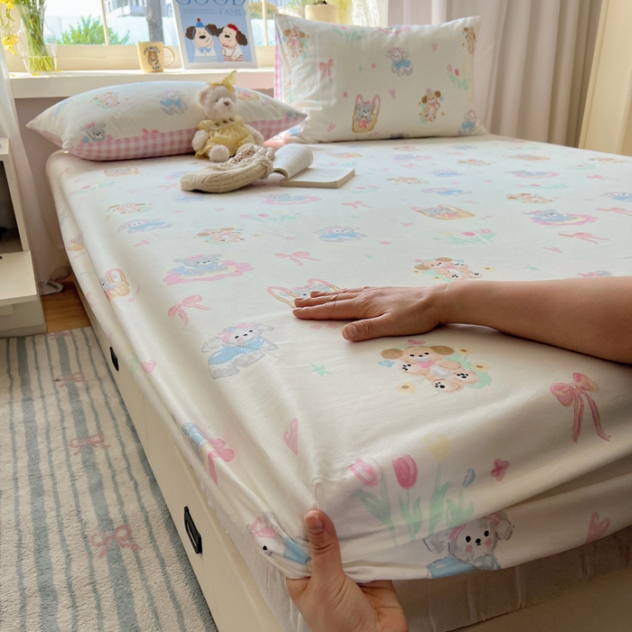 91家纺网 家纺一手货源 找家纺 六巷胡同 2025新款40s13070全棉纯棉卡通单品系列床笠单件-单床笠 郁金香狗狗