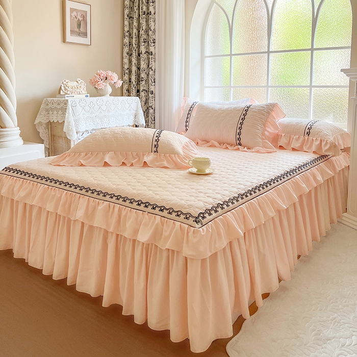 91家纺网 家纺一手货源 找家纺 网红馆（ck家纺） 2025新款喜芙棉蕾丝花边床裙四件套-蜜芙蕾 蜜芙蕾-凝脂玉