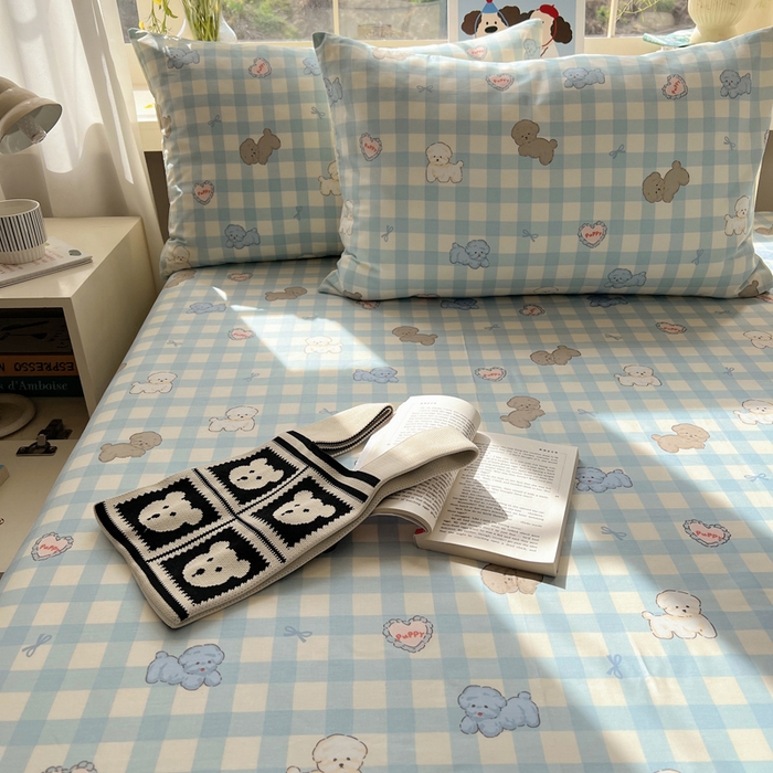 91家纺网 家纺一手货源 找家纺 六巷胡同 2025新款40s13070全棉纯棉卡通单品系列枕套单件-单枕套 蓝格奶油狗