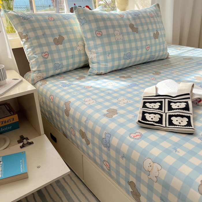 91家纺网 家纺一手货源 找家纺 六巷胡同 2025新款40s13070全棉纯棉卡通单品系列枕套单件-单枕套 蓝格奶油狗