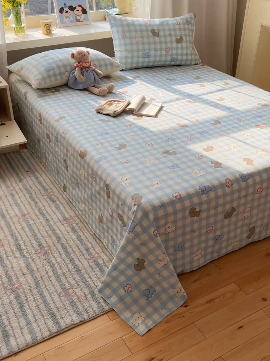 91家纺网 家纺一手货源 找家纺 六巷胡同 2025新款40s13070全棉纯棉卡通单品系列枕套单件-单枕套 蓝格奶油狗