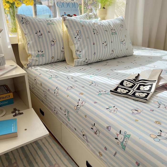 91家纺网 家纺一手货源 找家纺 六巷胡同 2025新款40s13070全棉纯棉卡通单品系列枕套单件-单枕套 蓝条努比犬