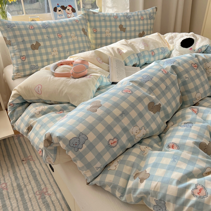 六巷胡同 2025新款40s13070全棉纯棉卡通单品系列被套单件-单被套 蓝格奶油狗