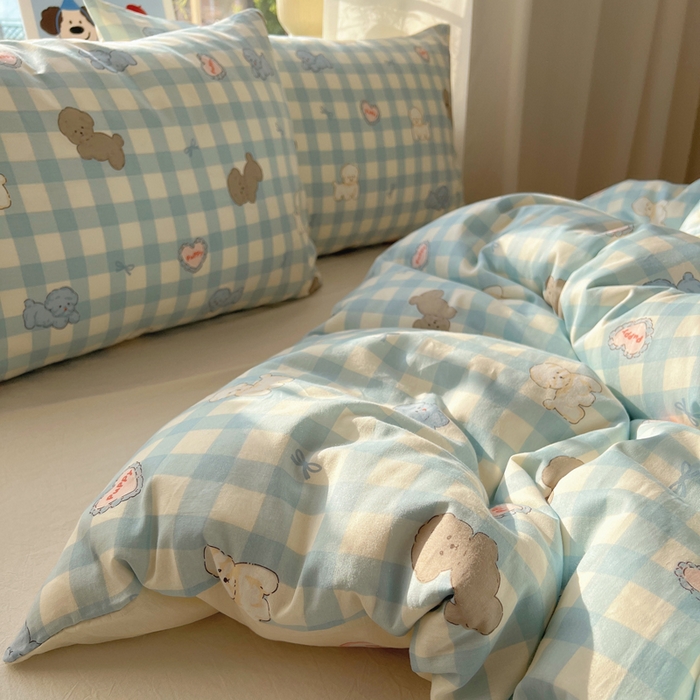 91家纺网 家纺一手货源 找家纺 六巷胡同 2025新款40s13070全棉纯棉卡通单品系列被套单件-单被套 蓝格奶油狗