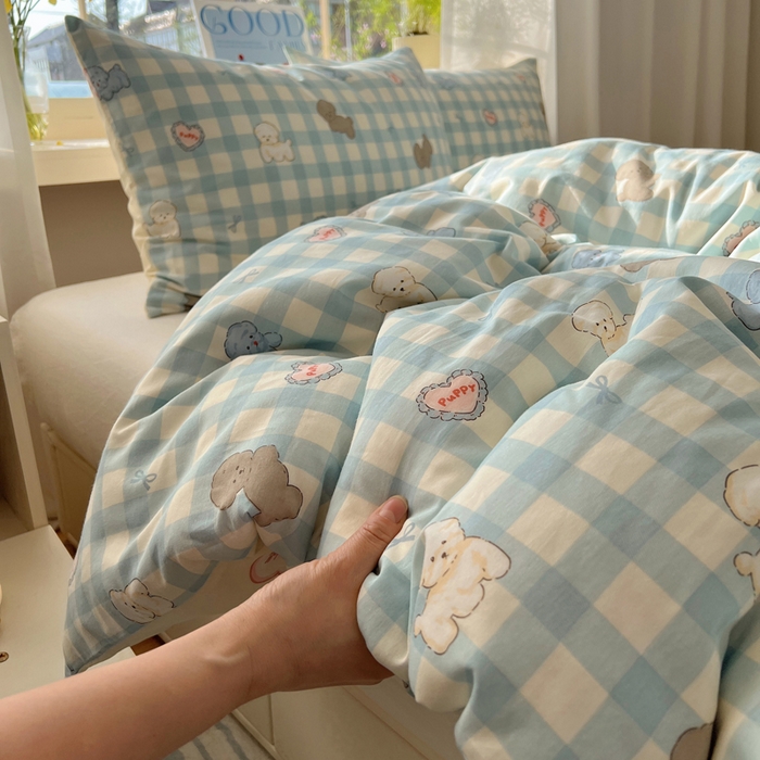 91家纺网 家纺一手货源 找家纺 六巷胡同 2025新款40s13070全棉纯棉卡通单品系列被套单件-单被套 蓝格奶油狗