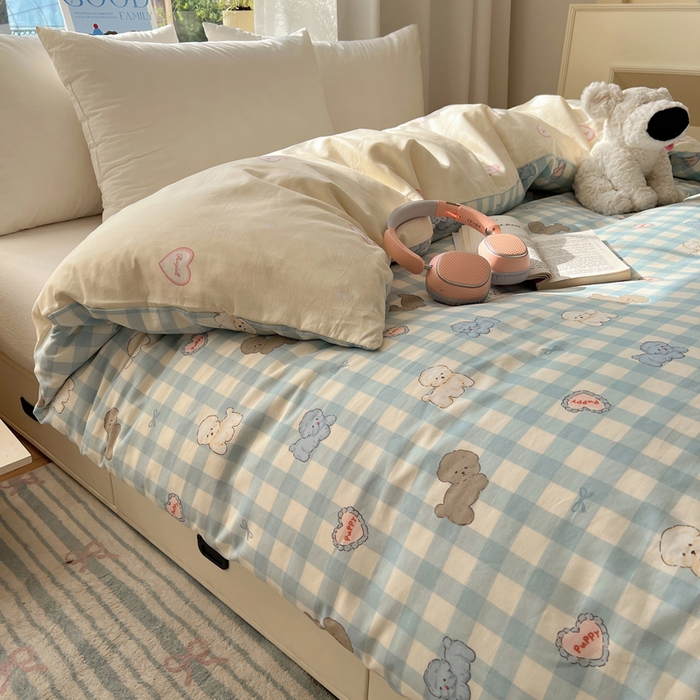 91家纺网 家纺一手货源 找家纺 六巷胡同 2025新款40s13070全棉纯棉卡通单品系列被套单件-单被套 蓝格奶油狗