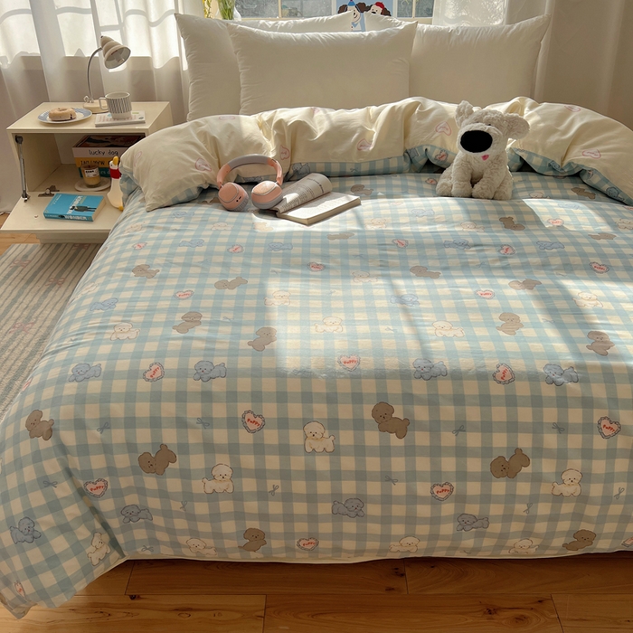 91家纺网 家纺一手货源 找家纺 六巷胡同 2025新款40s13070全棉纯棉卡通单品系列被套单件-单被套 蓝格奶油狗