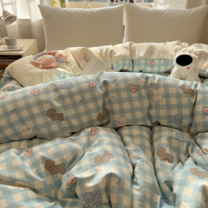 91家纺网 家纺一手货源 找家纺 六巷胡同 2025新款40s13070全棉纯棉卡通单品系列被套单件-单被套 蓝格奶油狗