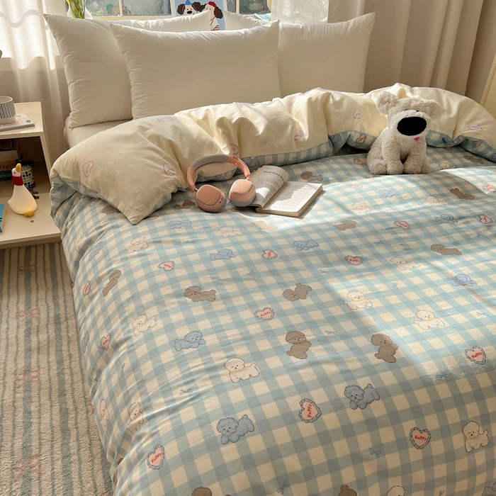 91家纺网 家纺一手货源 找家纺 六巷胡同 2025新款40s13070全棉纯棉卡通单品系列被套单件-单被套 蓝格奶油狗