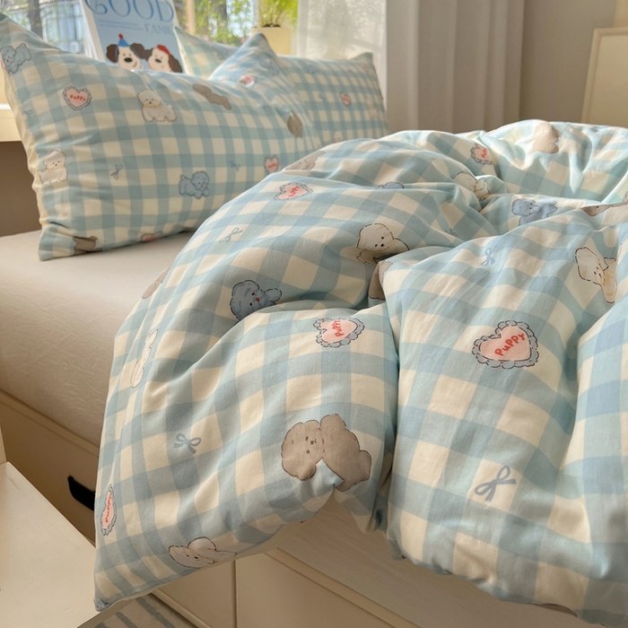 91家纺网 家纺一手货源 找家纺 六巷胡同 2025新款40s13070全棉纯棉卡通单品系列被套单件-单被套 蓝格奶油狗