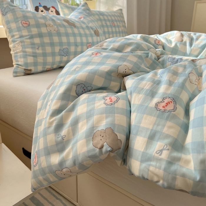 91家纺网 家纺一手货源 找家纺 六巷胡同 2025新款40s13070全棉纯棉卡通单品系列被套单件-单被套 蓝格奶油狗