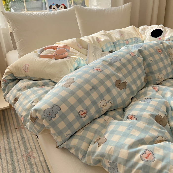 91家纺网 家纺一手货源 找家纺 六巷胡同 2025新款40s13070全棉纯棉卡通单品系列被套单件-单被套 蓝格奶油狗