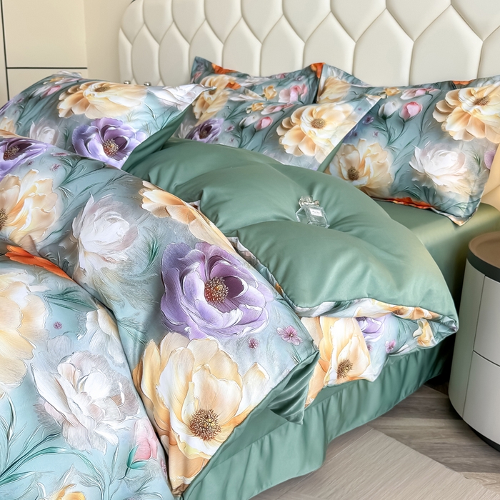 91家纺网 家纺一手货源 找家纺 优纤家纺 2025新款水洗真丝四件套 花间时光