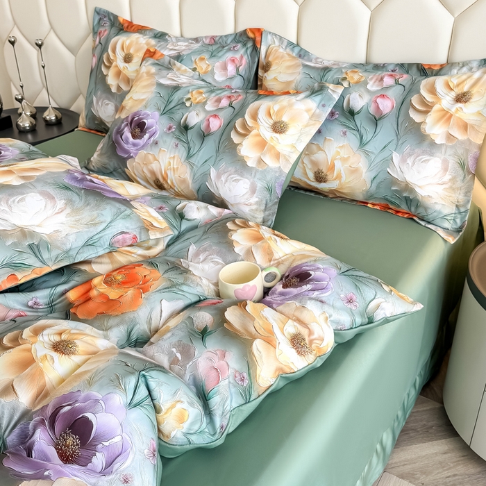 91家纺网 家纺一手货源 找家纺 优纤家纺 2025新款水洗真丝四件套 花间时光