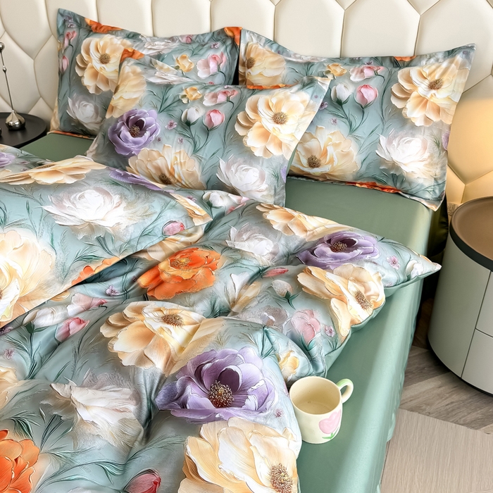 91家纺网 家纺一手货源 找家纺 优纤家纺 2025新款水洗真丝四件套 花间时光