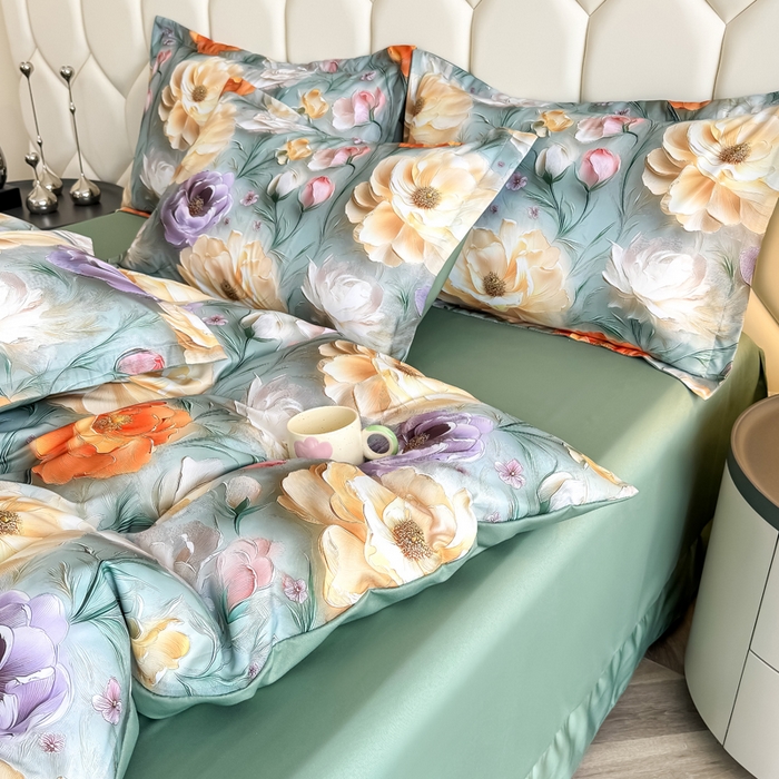 91家纺网 家纺一手货源 找家纺 优纤家纺 2025新款水洗真丝四件套 花间时光