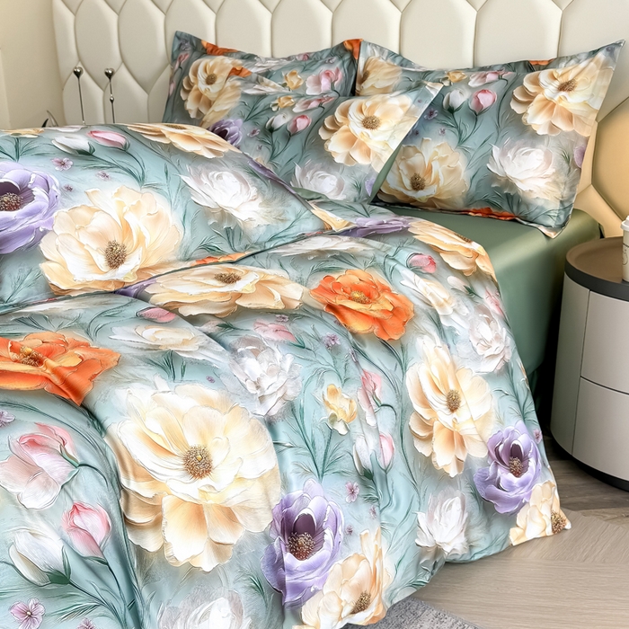 91家纺网 家纺一手货源 找家纺 优纤家纺 2025新款水洗真丝四件套 花间时光