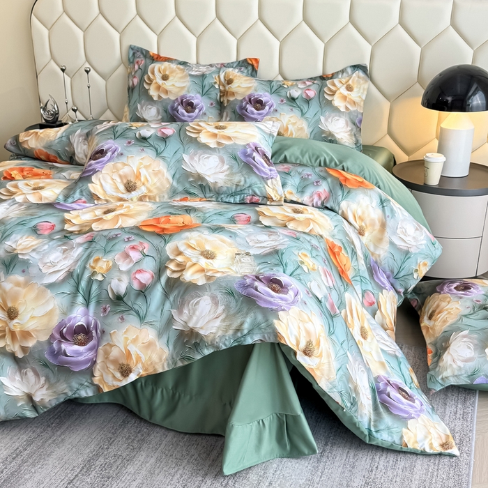 91家纺网 家纺一手货源 找家纺 优纤家纺 2025新款水洗真丝四件套 花间时光