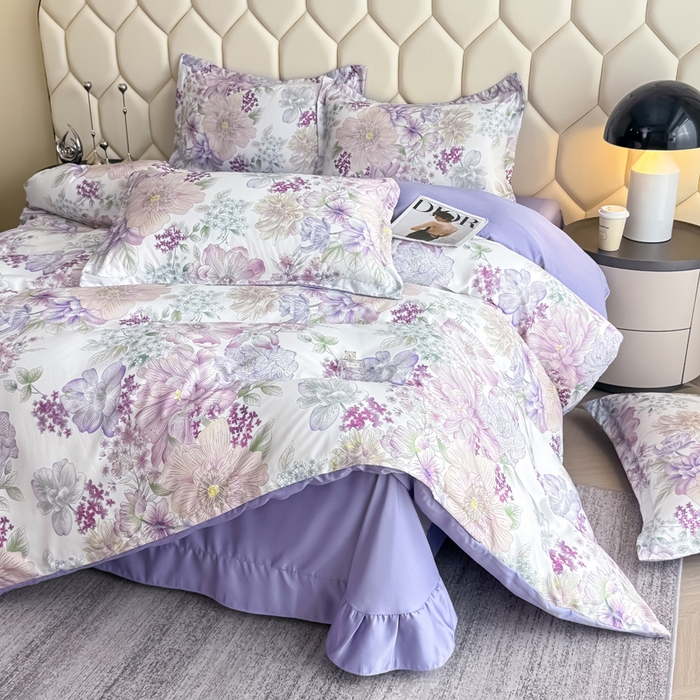 91家纺网 家纺一手货源 找家纺 优纤家纺 2025新款水洗真丝四件套 九重紫