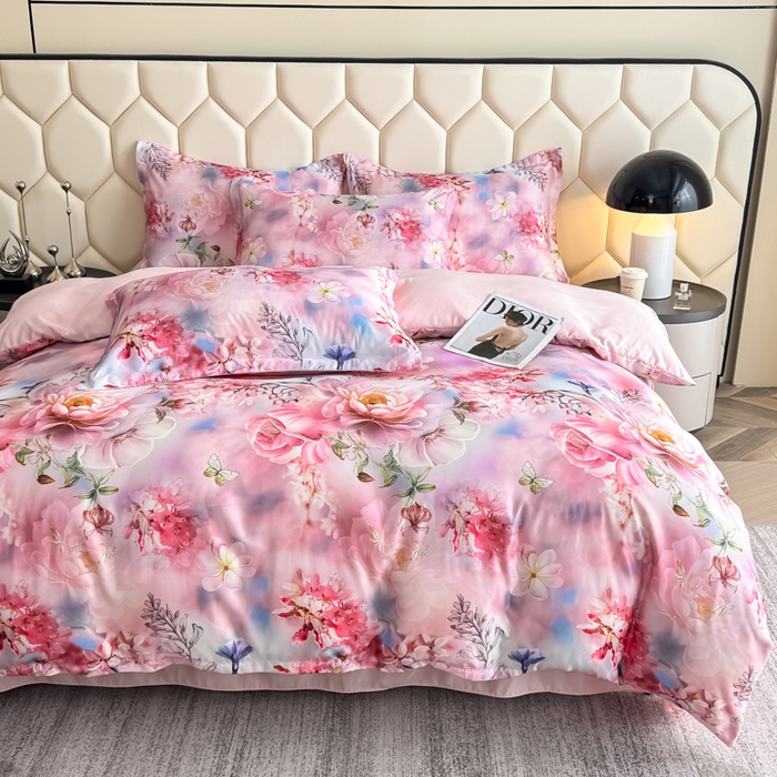 91家纺网 家纺一手货源 找家纺 优纤家纺 2025新款水洗真丝四件套 秘境花庭