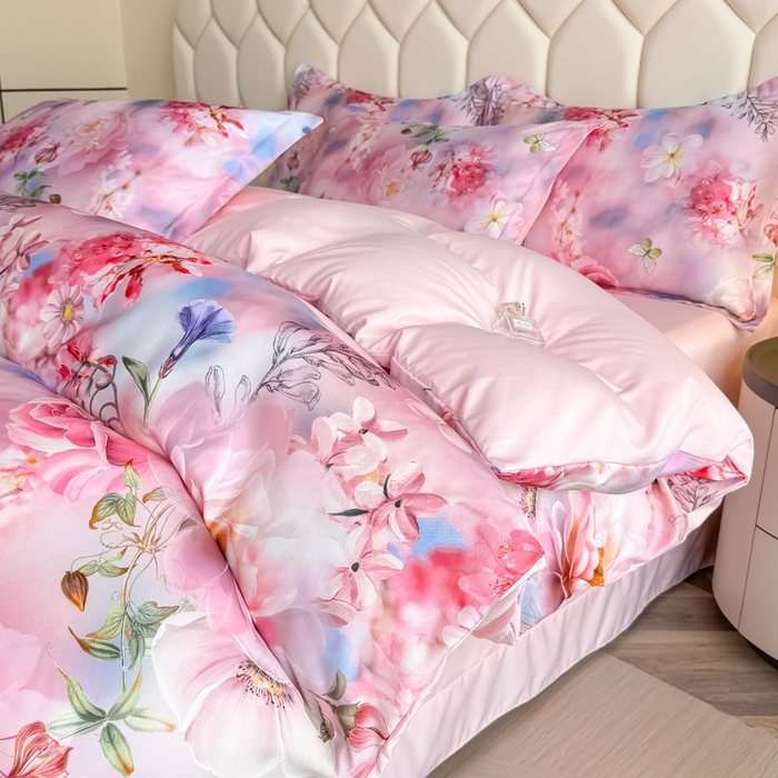 91家纺网 家纺一手货源 找家纺 优纤家纺 2025新款水洗真丝四件套 秘境花庭