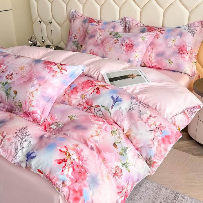 91家纺网 家纺一手货源 找家纺 优纤家纺 2025新款水洗真丝四件套 秘境花庭