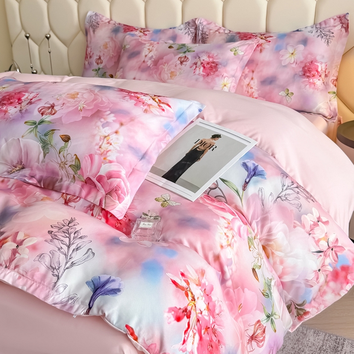 91家纺网 家纺一手货源 找家纺 优纤家纺 2025新款水洗真丝四件套 秘境花庭