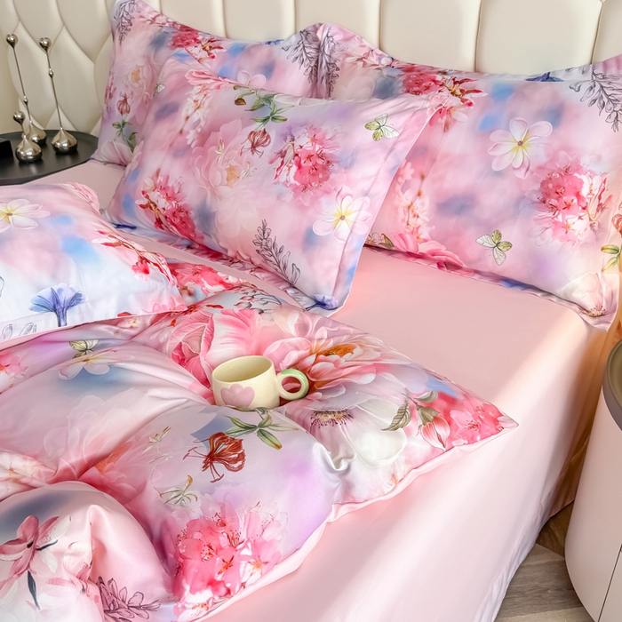 91家纺网 家纺一手货源 找家纺 优纤家纺 2025新款水洗真丝四件套 秘境花庭