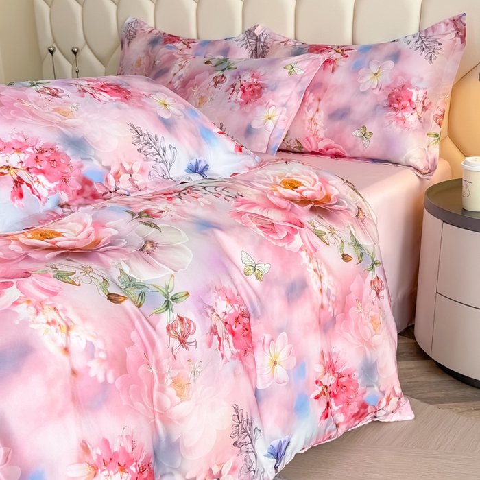 91家纺网 家纺一手货源 找家纺 优纤家纺 2025新款水洗真丝四件套 秘境花庭