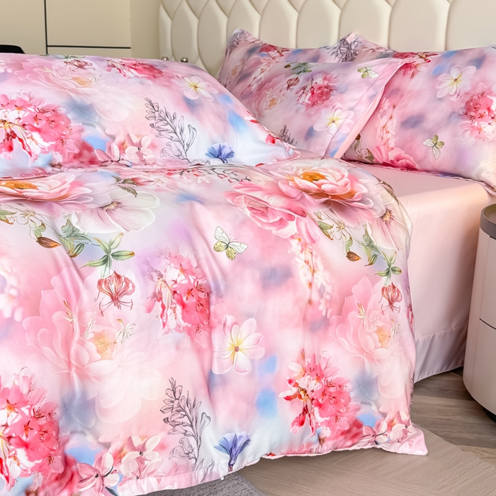 91家纺网 家纺一手货源 找家纺 优纤家纺 2025新款水洗真丝四件套 秘境花庭