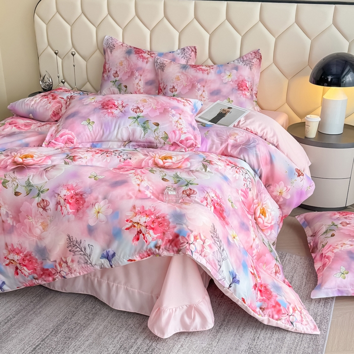 91家纺网 家纺一手货源 找家纺 优纤家纺 2025新款水洗真丝四件套 秘境花庭