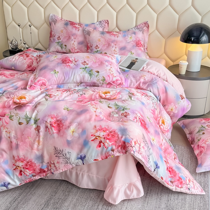 91家纺网 家纺一手货源 找家纺 优纤家纺 2025新款水洗真丝四件套 秘境花庭